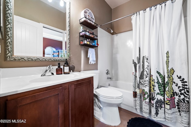 full bathroom featuring vanity, toilet, and shower / tub combo