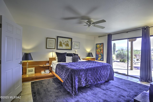 bedroom featuring tile patterned flooring, access to outside, and ceiling fan