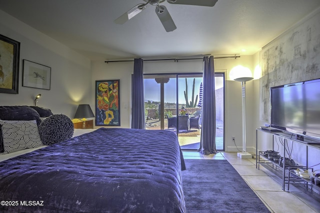 tiled bedroom featuring access to exterior and ceiling fan