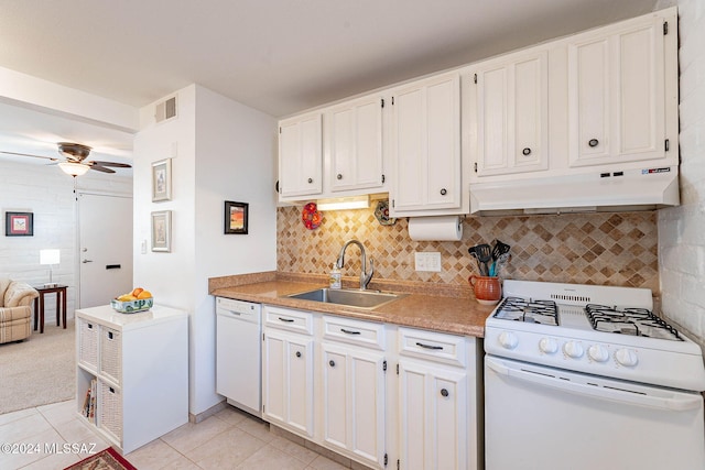 kitchen featuring white cabinets, white appliances, ceiling fan, and sink