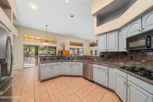 kitchen featuring light tile patterned floors, sink, gray cabinetry, and black appliances