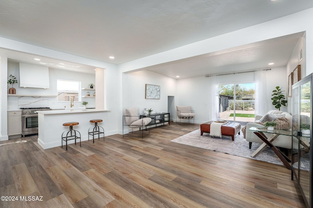 living room with light wood-type flooring and sink