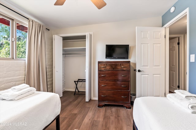 bedroom featuring ceiling fan and dark hardwood / wood-style floors