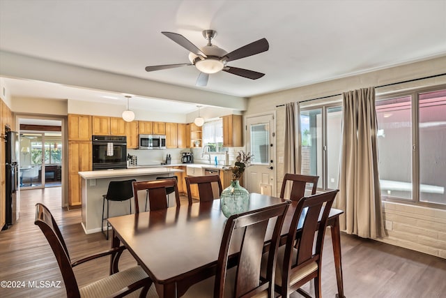 dining space featuring plenty of natural light, ceiling fan, and dark wood-type flooring