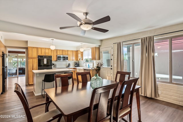 dining space with a healthy amount of sunlight, dark wood-style flooring, and a ceiling fan