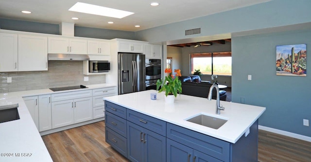 kitchen with a skylight, blue cabinets, sink, white cabinets, and stainless steel appliances