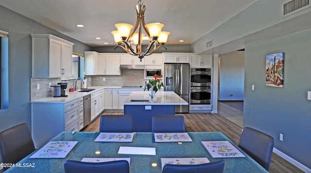 kitchen featuring appliances with stainless steel finishes, a kitchen island, decorative light fixtures, sink, and white cabinets