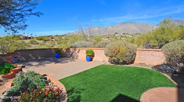 view of yard featuring a patio and a mountain view