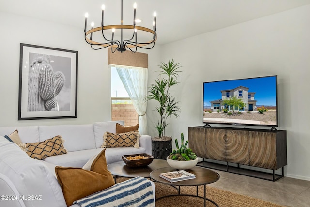 living room with an inviting chandelier