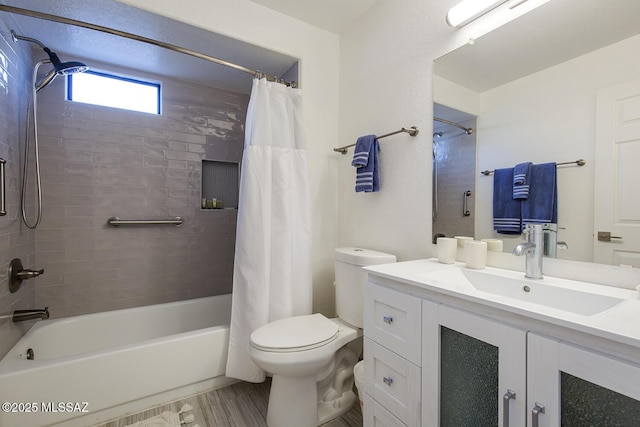 full bathroom featuring shower / bathtub combination with curtain, vanity, wood-type flooring, and toilet