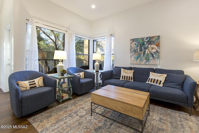 living room with dark wood-type flooring