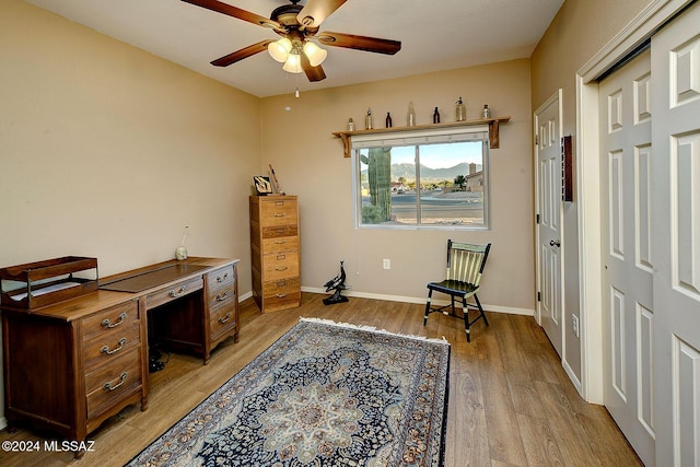 office space with ceiling fan and light hardwood / wood-style floors