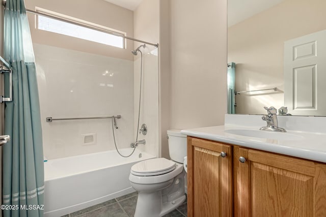 full bathroom featuring shower / bathtub combination with curtain, vanity, toilet, and tile patterned flooring