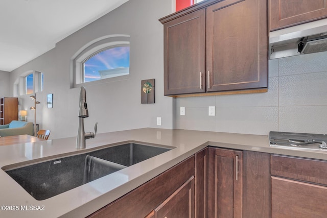 kitchen with sink, range hood, and tasteful backsplash