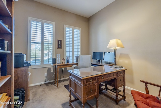 home office featuring light carpet