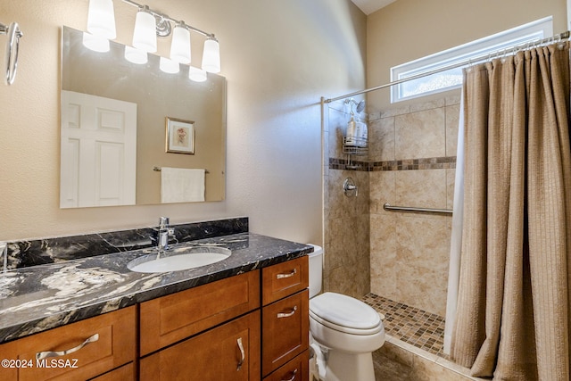 bathroom featuring toilet, vanity, and a shower with shower curtain