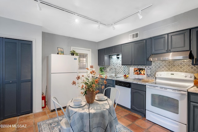 kitchen with exhaust hood, white appliances, sink, and tasteful backsplash