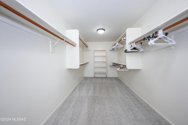 walk in closet with light carpet