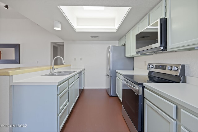 kitchen with white cabinets, kitchen peninsula, sink, and appliances with stainless steel finishes