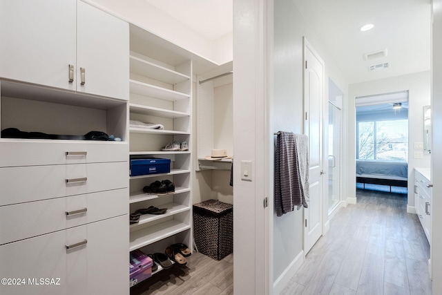 walk in closet with light wood-type flooring