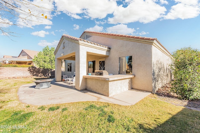 back of property featuring an outdoor kitchen, a yard, and a patio