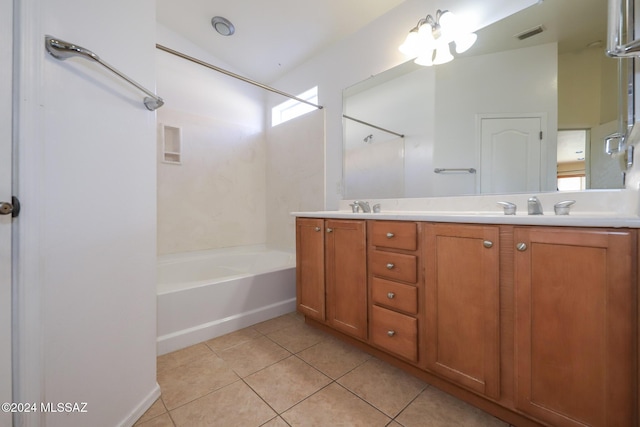 bathroom with tile patterned flooring, shower / bathing tub combination, vanity, and an inviting chandelier