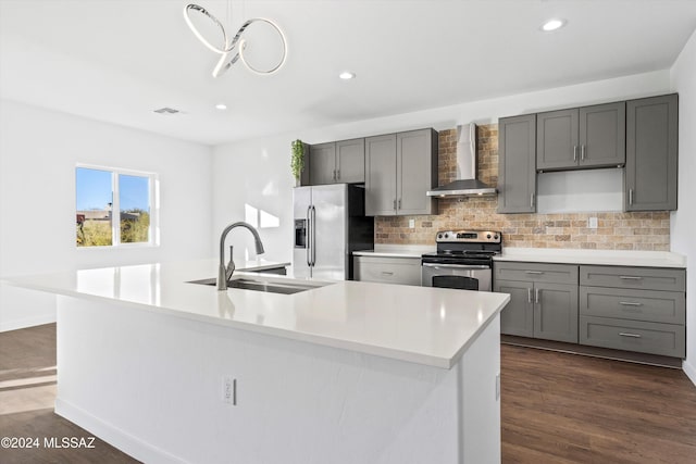 kitchen featuring a kitchen island with sink, wall chimney range hood, sink, and appliances with stainless steel finishes