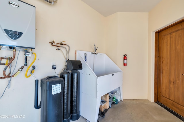 interior space featuring tankless water heater