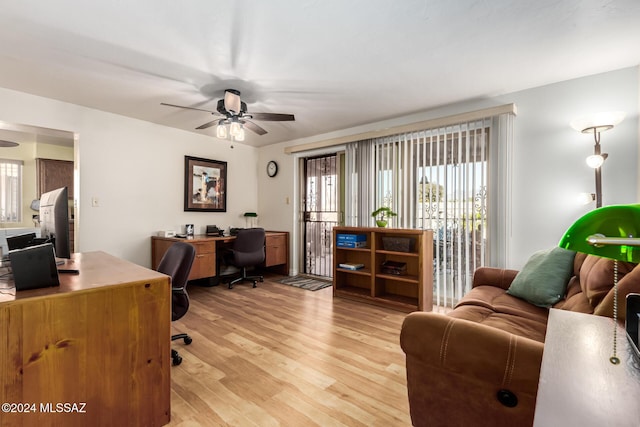 office area featuring light hardwood / wood-style flooring and ceiling fan