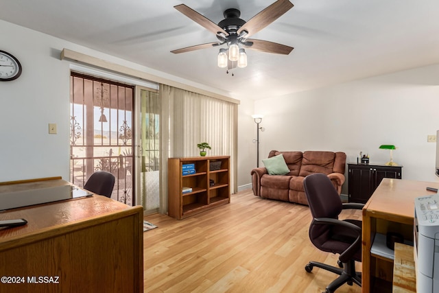 office area with ceiling fan and light wood-type flooring