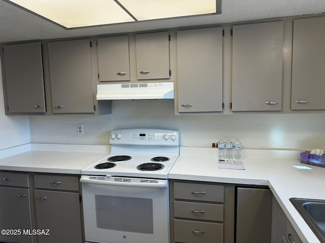 kitchen featuring white electric stove, sink, and gray cabinetry