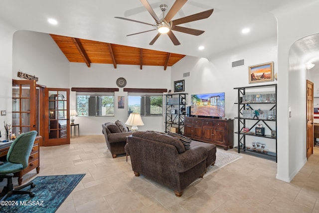 living room with french doors, high vaulted ceiling, ceiling fan, and wooden ceiling