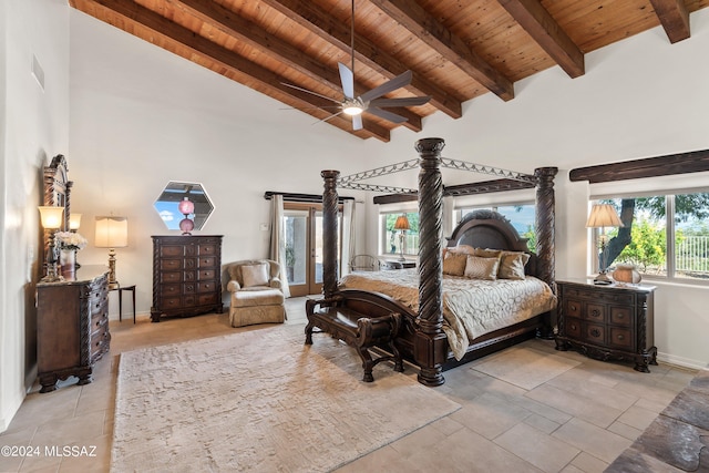 bedroom featuring beamed ceiling, high vaulted ceiling, ceiling fan, and wood ceiling