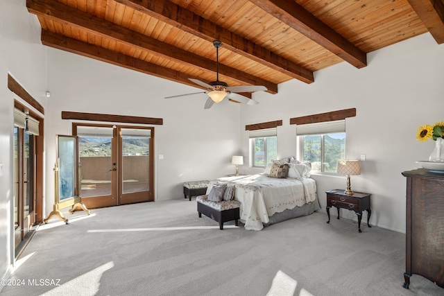 bedroom featuring access to exterior, light carpet, french doors, ceiling fan, and wooden ceiling