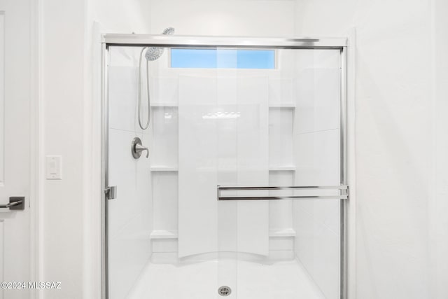 bathroom featuring a shower with shower door