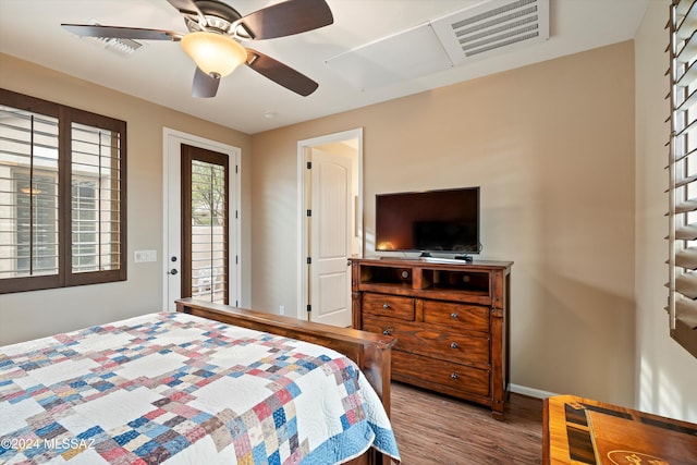 bedroom with ceiling fan and light wood-type flooring