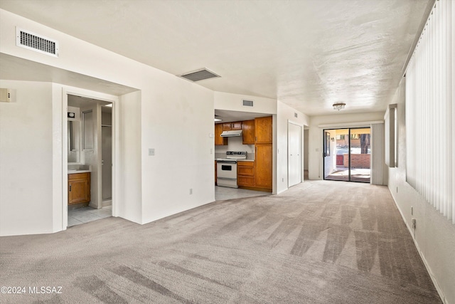 unfurnished living room with light colored carpet