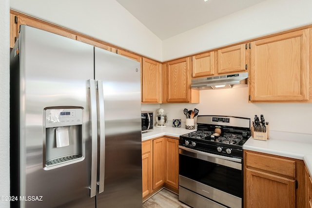 kitchen featuring light wood-type flooring, lofted ceiling, and appliances with stainless steel finishes