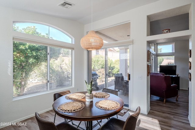 dining area with hardwood / wood-style floors and a healthy amount of sunlight