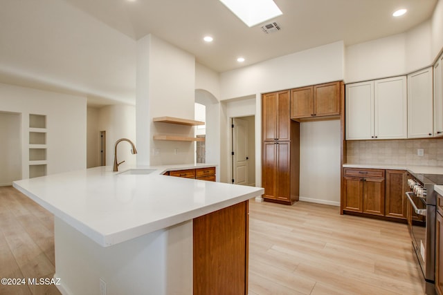 kitchen with sink, light hardwood / wood-style flooring, stainless steel range, tasteful backsplash, and kitchen peninsula