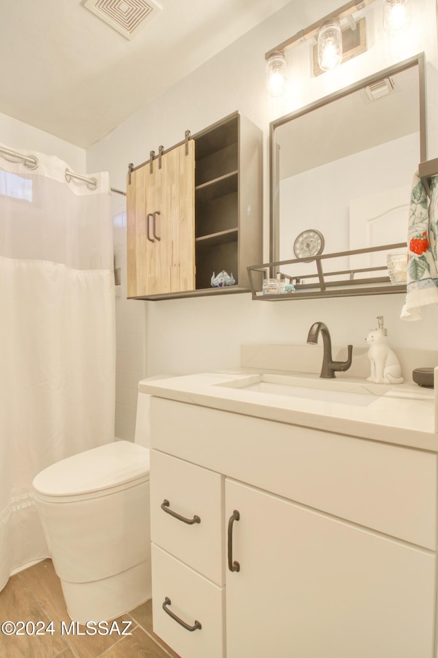 bathroom featuring vanity, toilet, and wood-type flooring