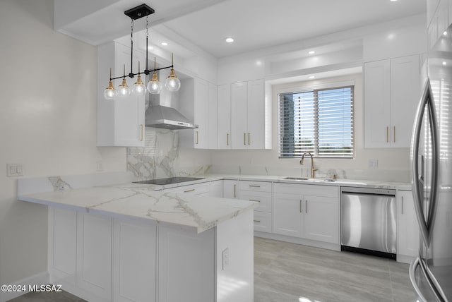 kitchen with sink, stainless steel appliances, wall chimney range hood, kitchen peninsula, and white cabinets