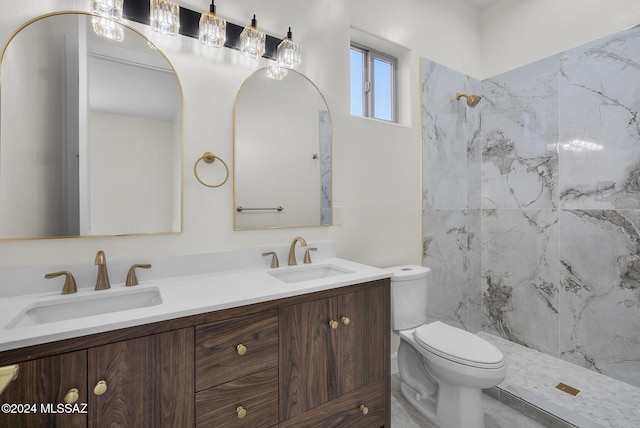 bathroom with a shower, vanity, and toilet