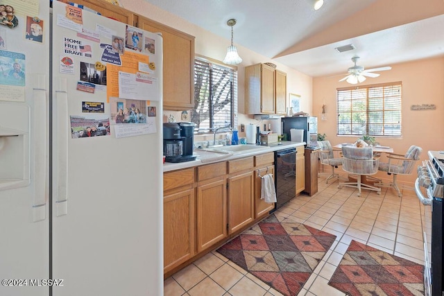 kitchen with ceiling fan, light tile patterned floors, decorative light fixtures, dishwasher, and white fridge with ice dispenser