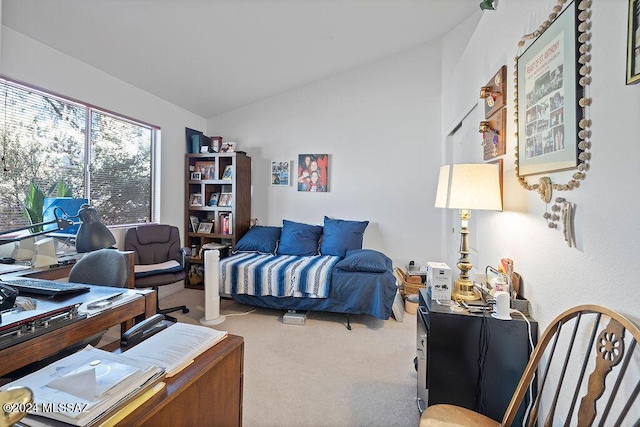 carpeted bedroom featuring vaulted ceiling