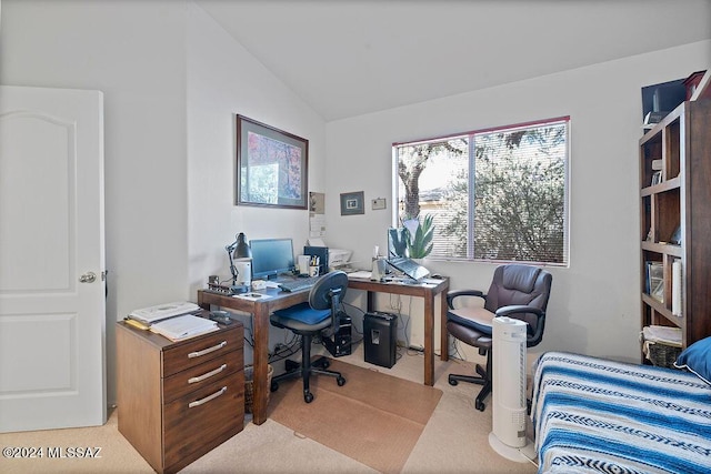 office space with light colored carpet and vaulted ceiling