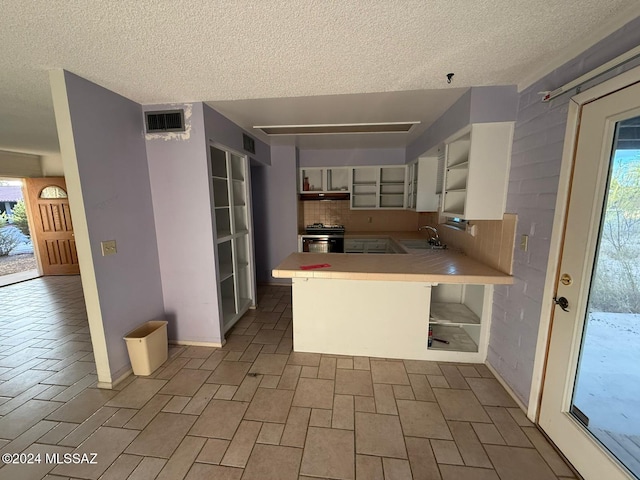 kitchen with black range with electric stovetop, kitchen peninsula, a healthy amount of sunlight, and tasteful backsplash