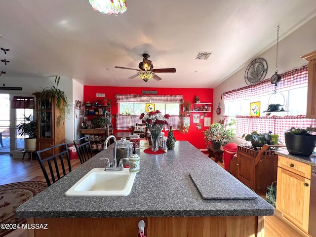 kitchen with ceiling fan, light hardwood / wood-style flooring, sink, and an island with sink