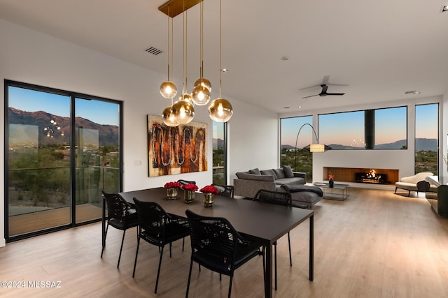 dining space featuring floor to ceiling windows, a mountain view, ceiling fan, and light hardwood / wood-style floors