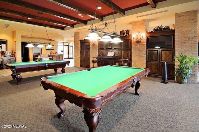 playroom featuring light carpet, beamed ceiling, brick wall, and pool table